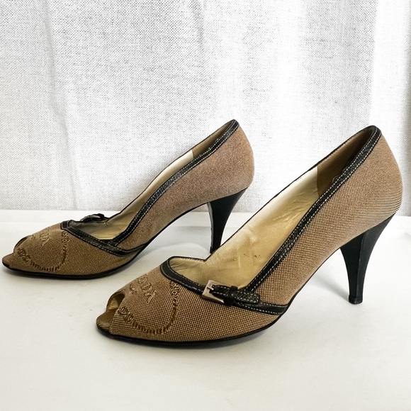 Vintage Prada Brown Buckle Canvas Leather Peep Toe Kitten Heels - Picture 9 of 12